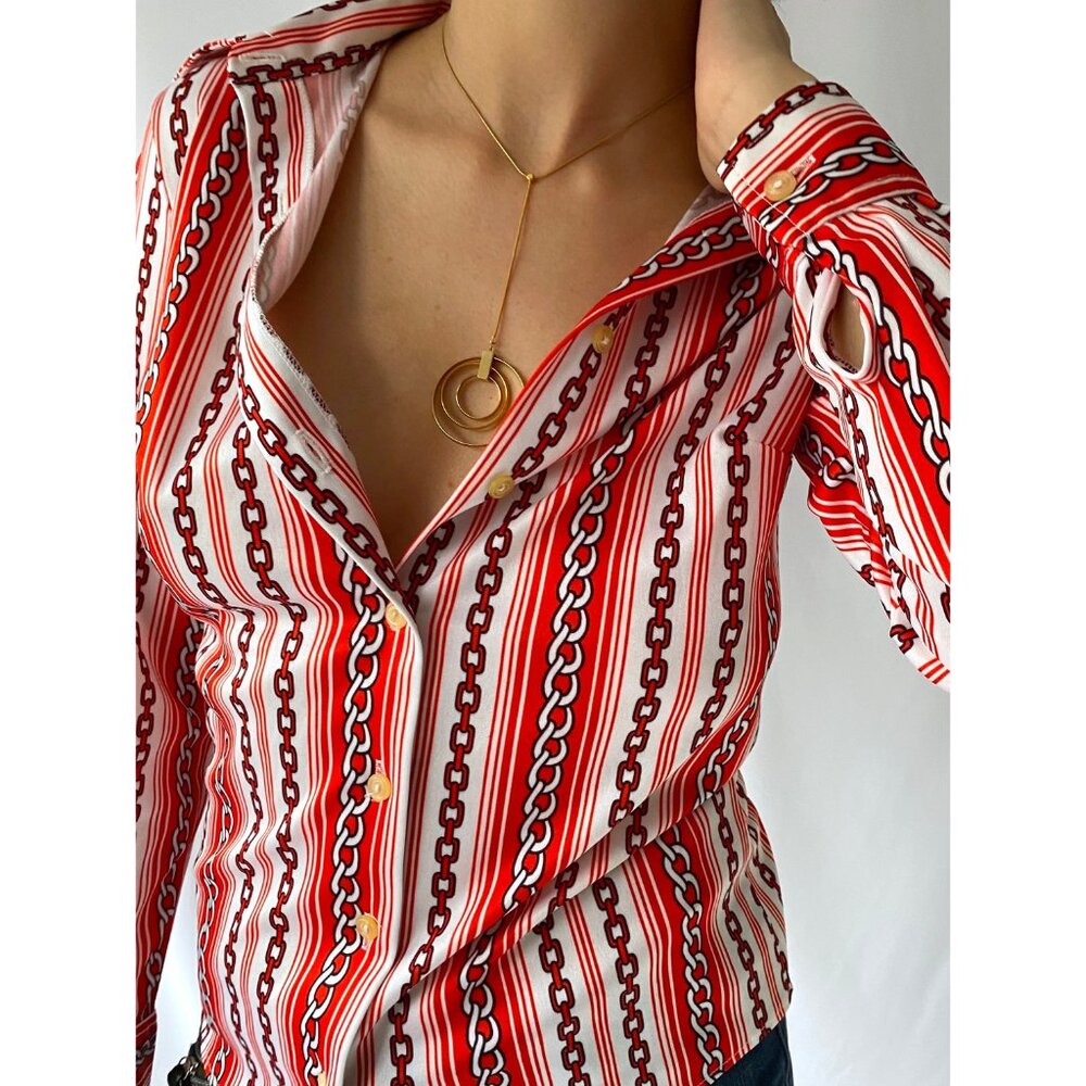 70s vintage red chain striped novelty print collared button up blouse shirt - Picture 3 of 9